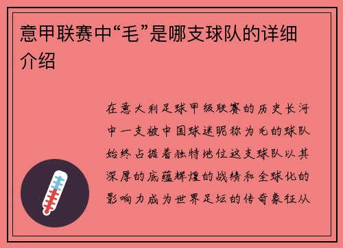 意甲联赛中“毛”是哪支球队的详细介绍